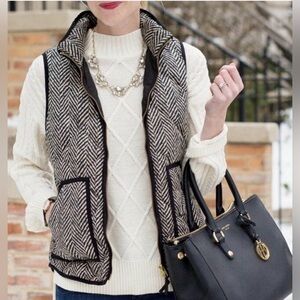 J Crew Excursion Quilted Vest Herringbone Black White Preppy size Large